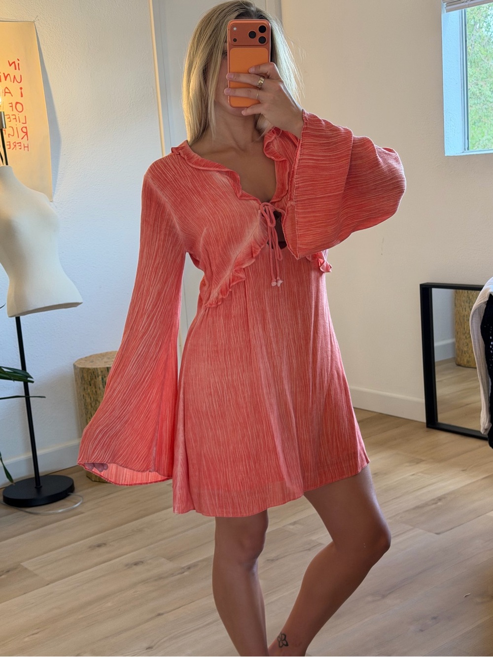 Rococo Sand Coral Bell Sleeve Mini Dress Boho Resort Dress Size Medium